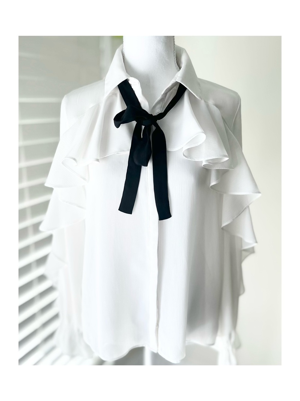 Zara White Ruffle Blouse with Black Tie Bow